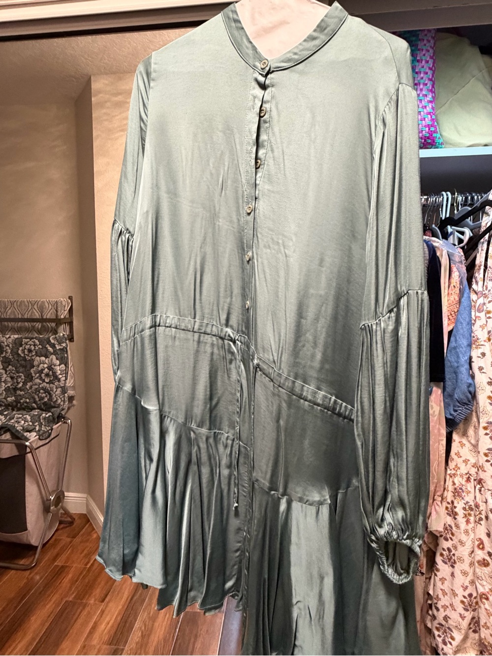 Olivaceous Sage Green Long Button-Front Tiered Maxi Dress